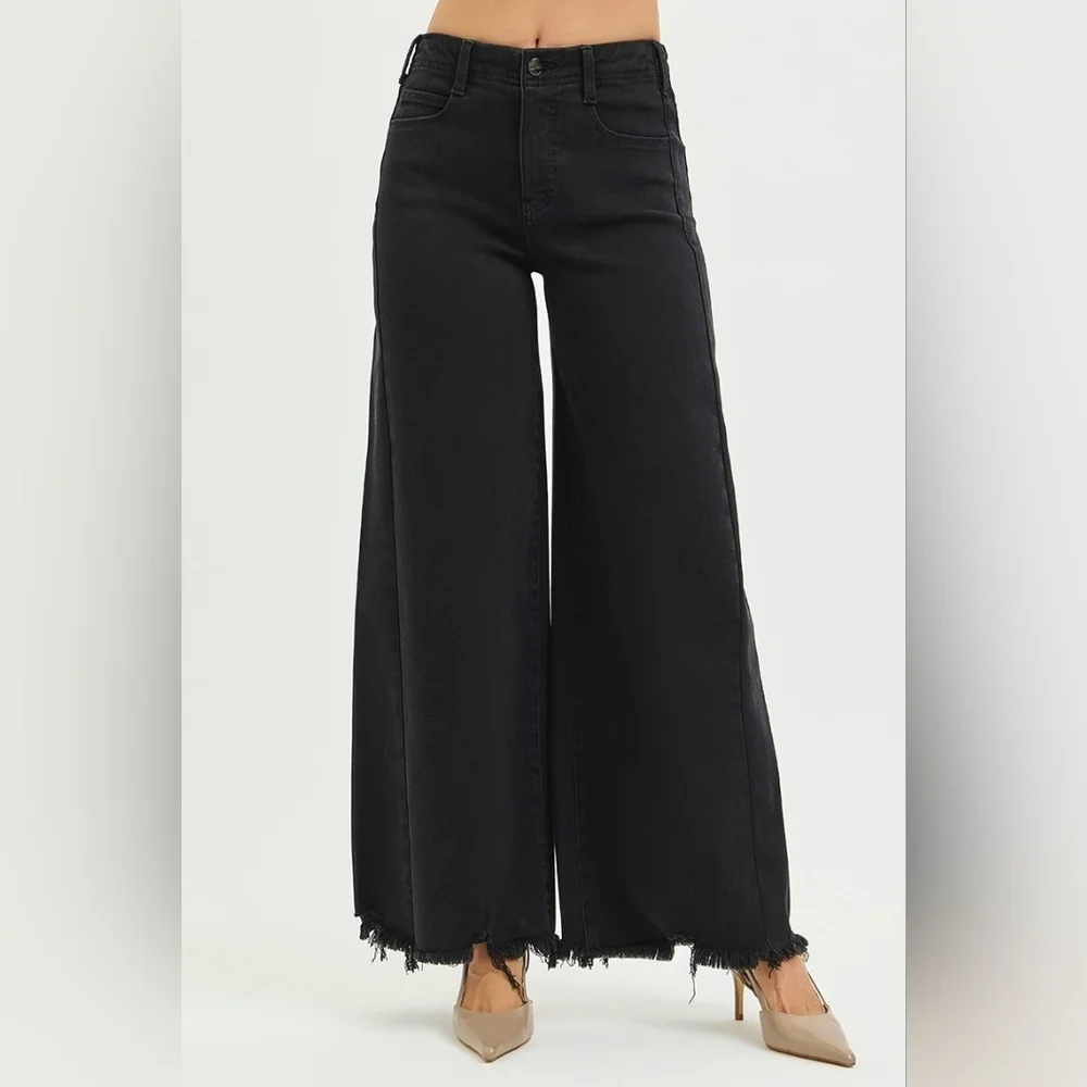 RISEN HR Tummy Control Black Palazzo Jeans Wide Leg Distressed Hems Various NEW - Picture 12 of 13